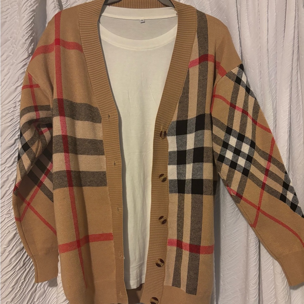 Burberry Tan and Red Plaid Cardigan